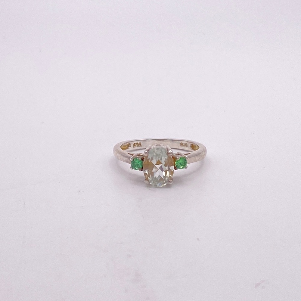 Green Amethyst and Lab Created Emerald Ring; 925 Sterling Silver; Size 6